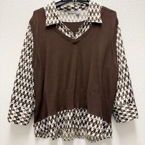 Women’s 2X Retro Vintage Brown V-Neck Sweater Vest w/ Button-Down Shirt Blouse